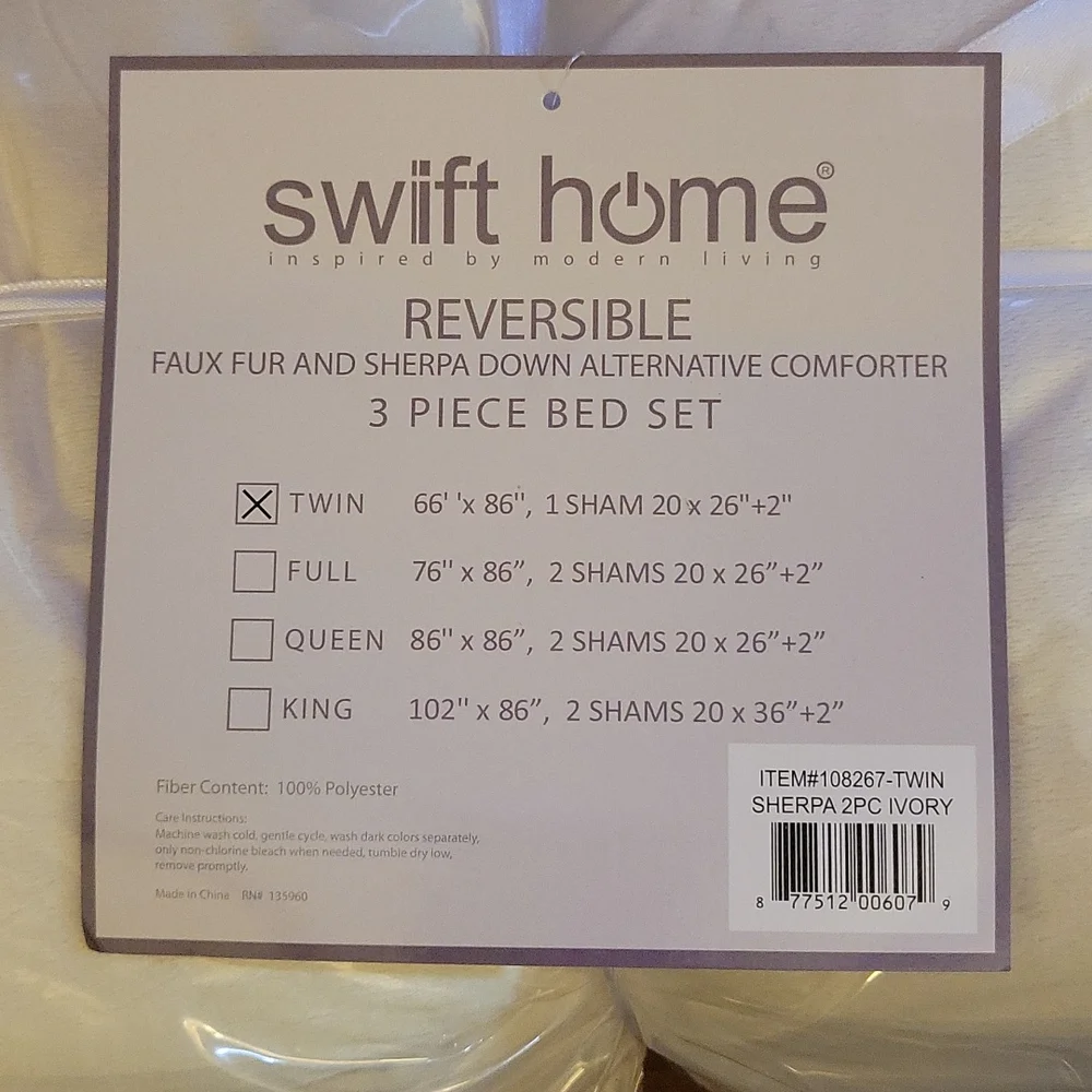 Swift Home Reversible faux fur Sherpa down alternative comforter sham Twin New…